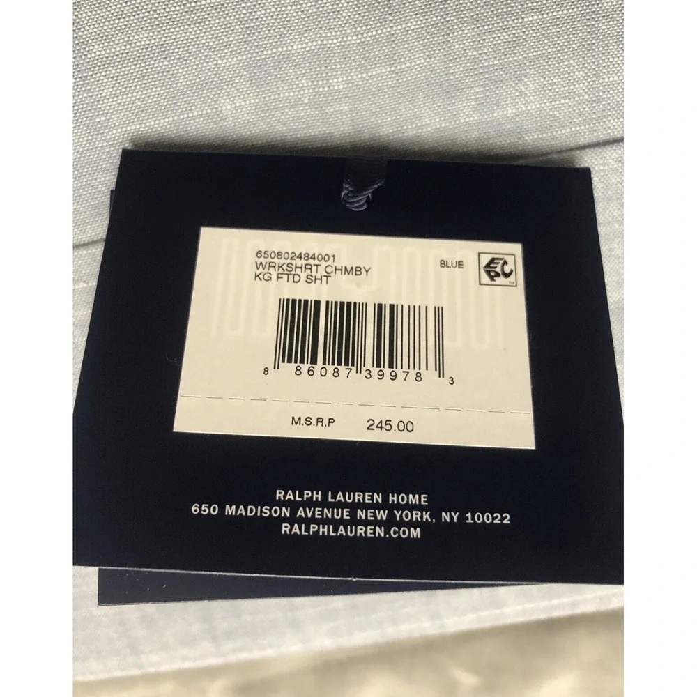 Ralph Lauren Sheet Set King Workshirt Chambray Blue Fitted/Flat 2pc NEW